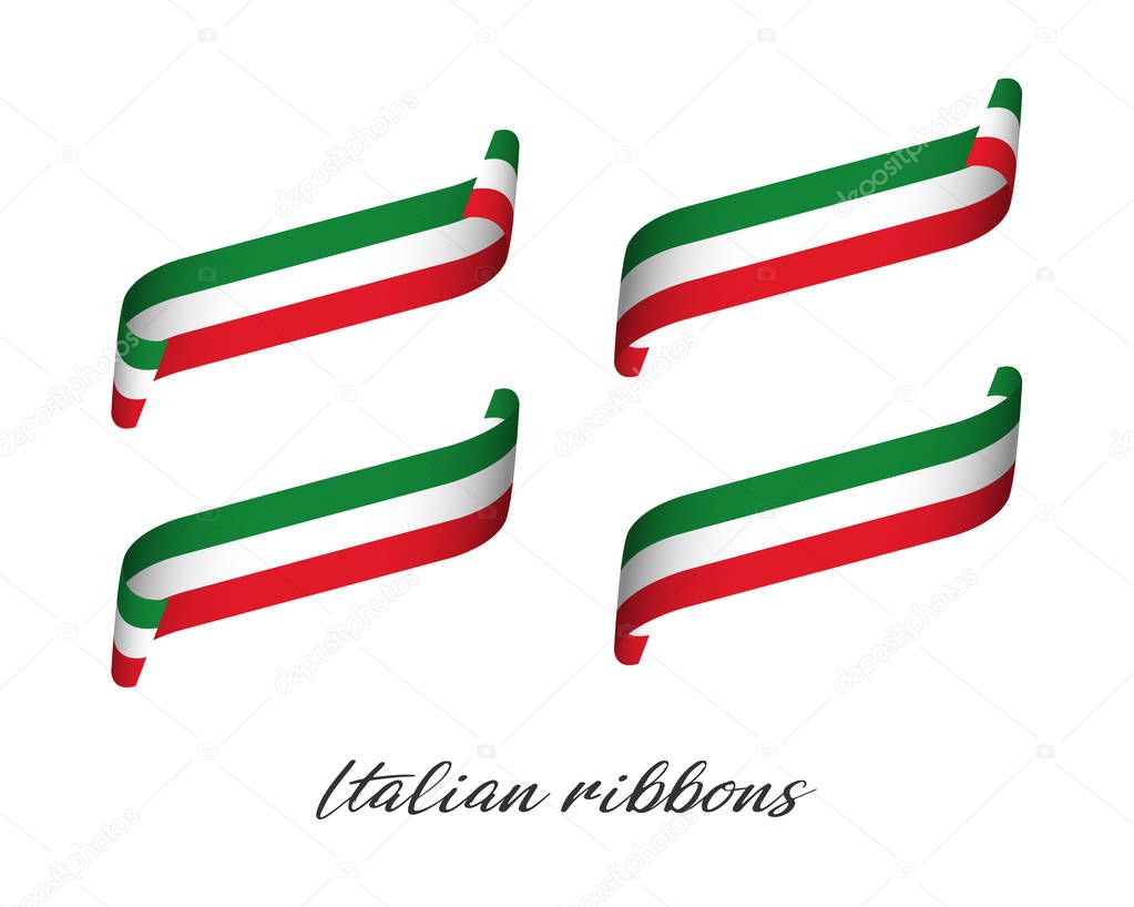 Set of four modern colored vector ribbons with Italian tricolor isolated on white background, flag of Italy, Italian ribbons