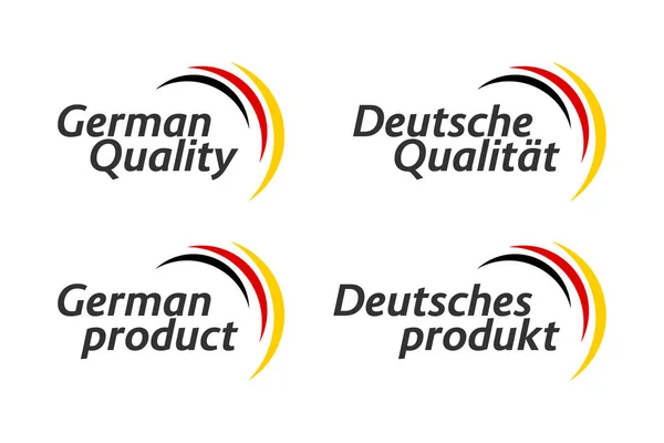 Set van vier Duitse iconen, Duitse Kwaliteit en Duits product in het Engels en Duits, premium kwaliteit stickers en symbolen, eenvoudige vectorillustratie geïsoleerd op witte achtergrond, Made in Germany — Stockvector