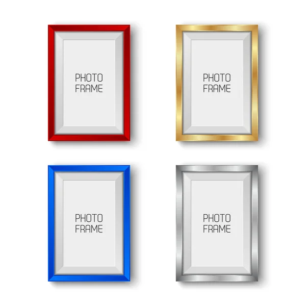 Realistic gold, silver, red and blue vector picture frames isolated on white background with blank space for your photo — Stock Vector