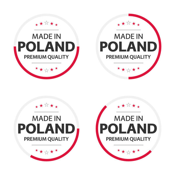 Set of four Polish icons, English title Made in Poland, premium quality stickers and symbols, internation labels with stars, simple vector illustration isolated on white background