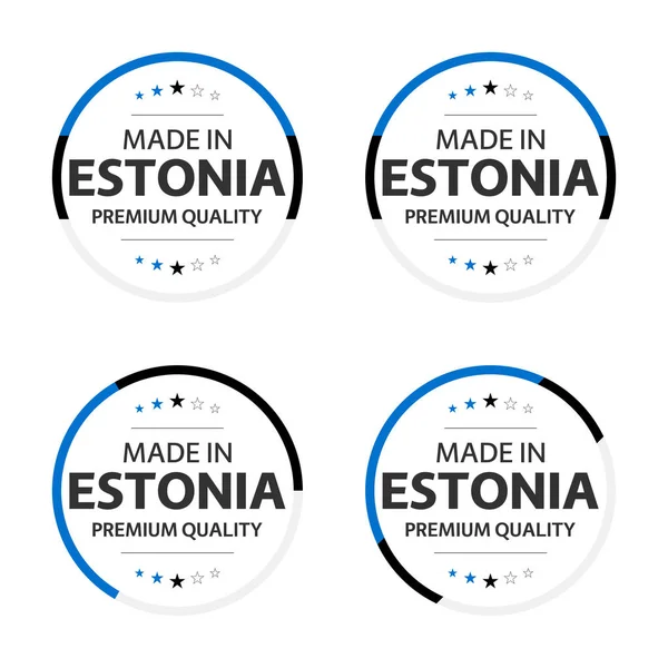 Conjunto de cuatro iconos estonios, título en inglés Made in Estonia, pegatinas y símbolos de primera calidad, etiquetas de internación con estrellas, ilustración vectorial simple aislada sobre fondo blanco — Vector de stock
