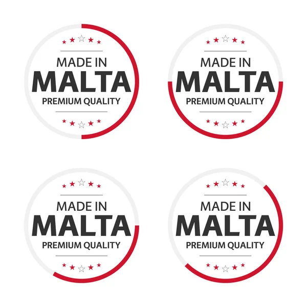 Ensemble de quatre icônes maltaises, titre anglais Fabriqué à Malte, autocollants et symboles de qualité supérieure, étiquettes internationales avec étoiles, illustration vectorielle simple isolée sur fond blanc — Image vectorielle