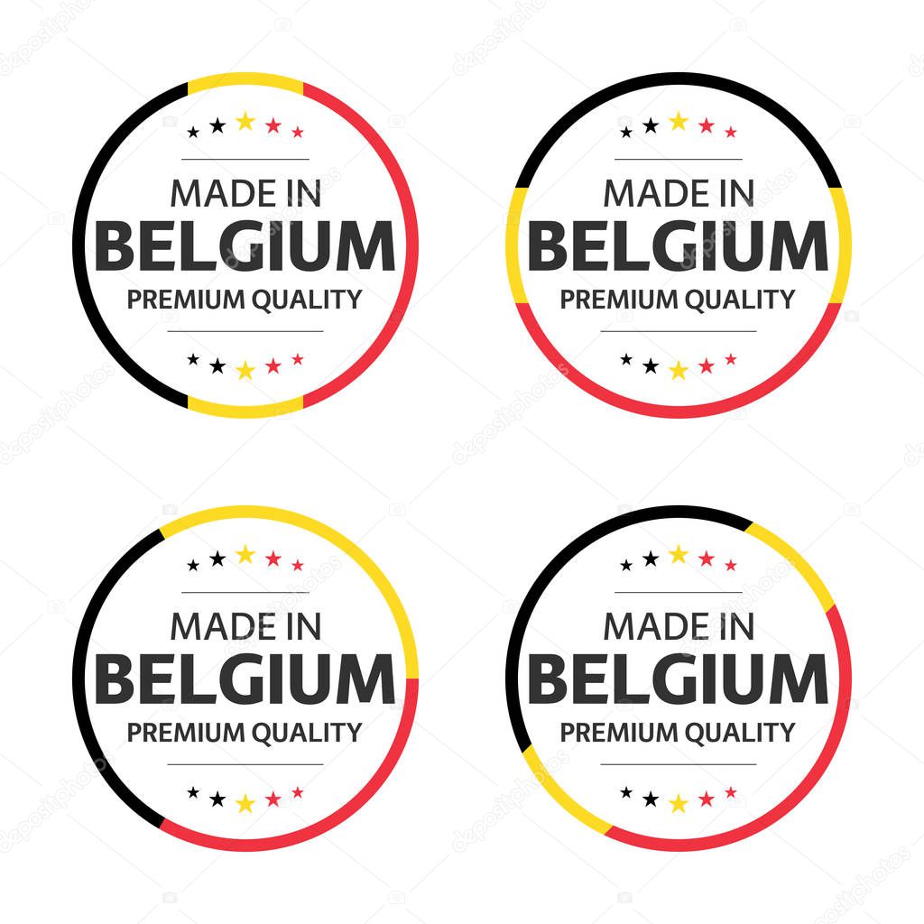 Set of four Belgian icons, English title Made in Belgium, premium quality stickers and symbols, internation labels with stars, simple vector illustration isolated on white background