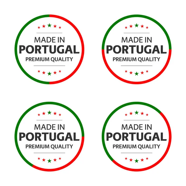 Conjunto de cuatro iconos portugueses, título en inglés Made in Portugal, pegatinas y símbolos de primera calidad, etiquetas de internación con estrellas, ilustración vectorial simple aislada sobre fondo blanco — Vector de stock