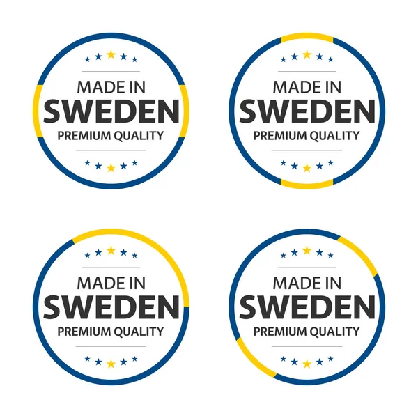 Ensemble de quatre icônes suédoises, titre anglais Fabriqué en Suède, autocollants et symboles de qualité supérieure, étiquettes internationales avec étoiles, illustration vectorielle simple isolée sur fond blanc — Image vectorielle