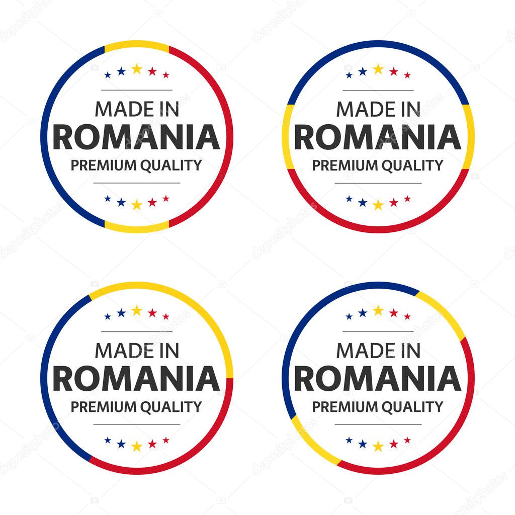 Set of four Romanian icons, English title Made in Romania, premium quality stickers and symbols, internation labels with stars, simple vector illustration isolated on white background