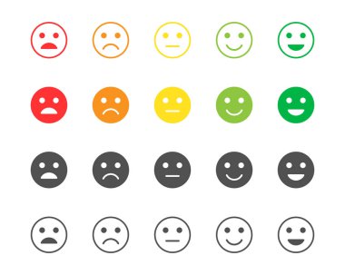 Set of feedback rating of red, orange, yellow and green emoticonSet of feedback rating of red, orange, yellow and green emoticons, vector smile emoji in different colors, icons for your design, website and forms, vector illustration