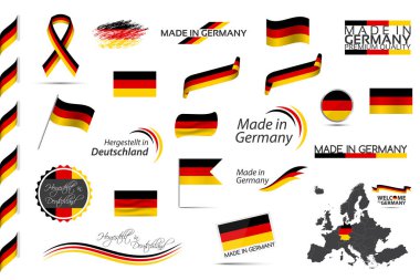 Big vector set of German ribbons, symbols, icons and flags isolated on a white background, Made in Germany, Welcome to Germany, premium quality, German tricolor, set for your infographics and templates