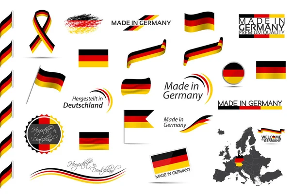 Grote vectorset van Duitse linten, symbolen, iconen en vlaggen geïsoleerd op een witte achtergrond, Made in Germany, Welkom in Duitsland, premium kwaliteit, Duitse driekleur, set voor uw infographics en sjablonen — Stockvector