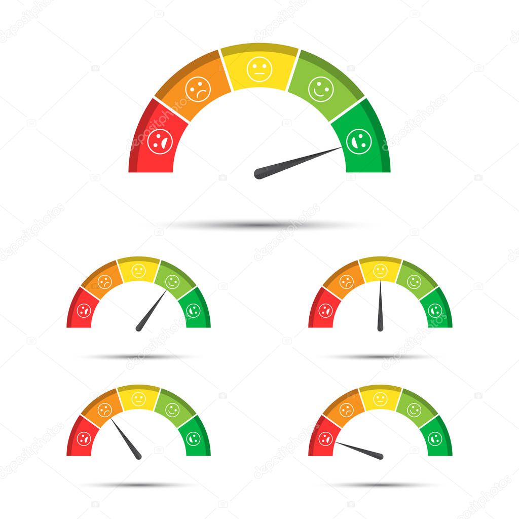 Vector illustration of rating customer satisfaction meter, different colors from red to green with colored smiles, simple tachometers, speedometers and indicators with emoticons isolated on white background