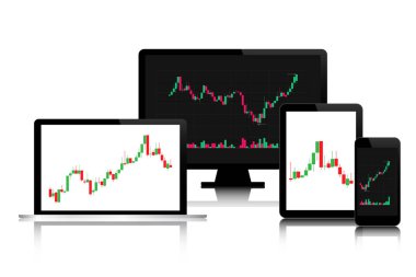 Ekranda şamdan çizelgesi olan modern dijital teknoloji cihazları beyaz arka planda izole edilmiş, ticari grafik bükülme konsepti, finansal borsa