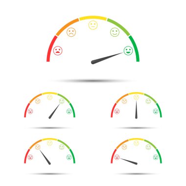 Vector illustration of rating customer satisfaction meter, different colors from red to green with colored smiles, simple tachometers, speedometers and indicators with emoticons isolated on white background