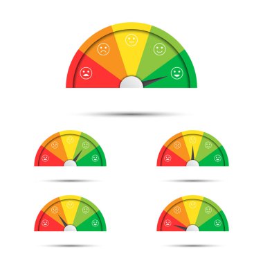 Vector illustration of rating customer satisfaction meter, different colors from red to green with colored smiles, simple tachometers, speedometers and indicators with emoticons isolated on white background