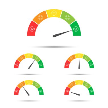 Vector illustration of rating customer satisfaction meter, different colors from red to green with colored smiles, simple tachometers, speedometers and indicators with emoticons isolated on white background
