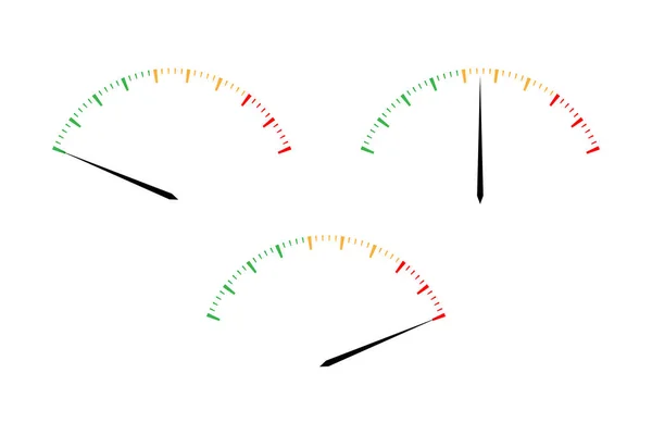 Set Van Eenvoudige Vector Tachometers Met Indicatoren Rode Gele Groene — Stockvector