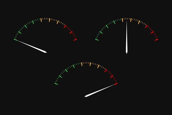 一套带有红色 黄色和绿色部分指示器的简易矢量速度计 速度计图标 黑色背景性能测量符号 — 图库矢量图片
