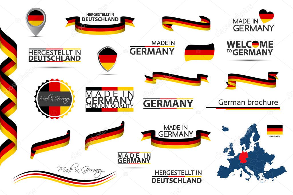 Big vector set of German ribbons, symbols, icons and flags isolated on a white background, Made in Germany, Welcome to Germany, premium quality, German tricolor, set for your infographics and templates