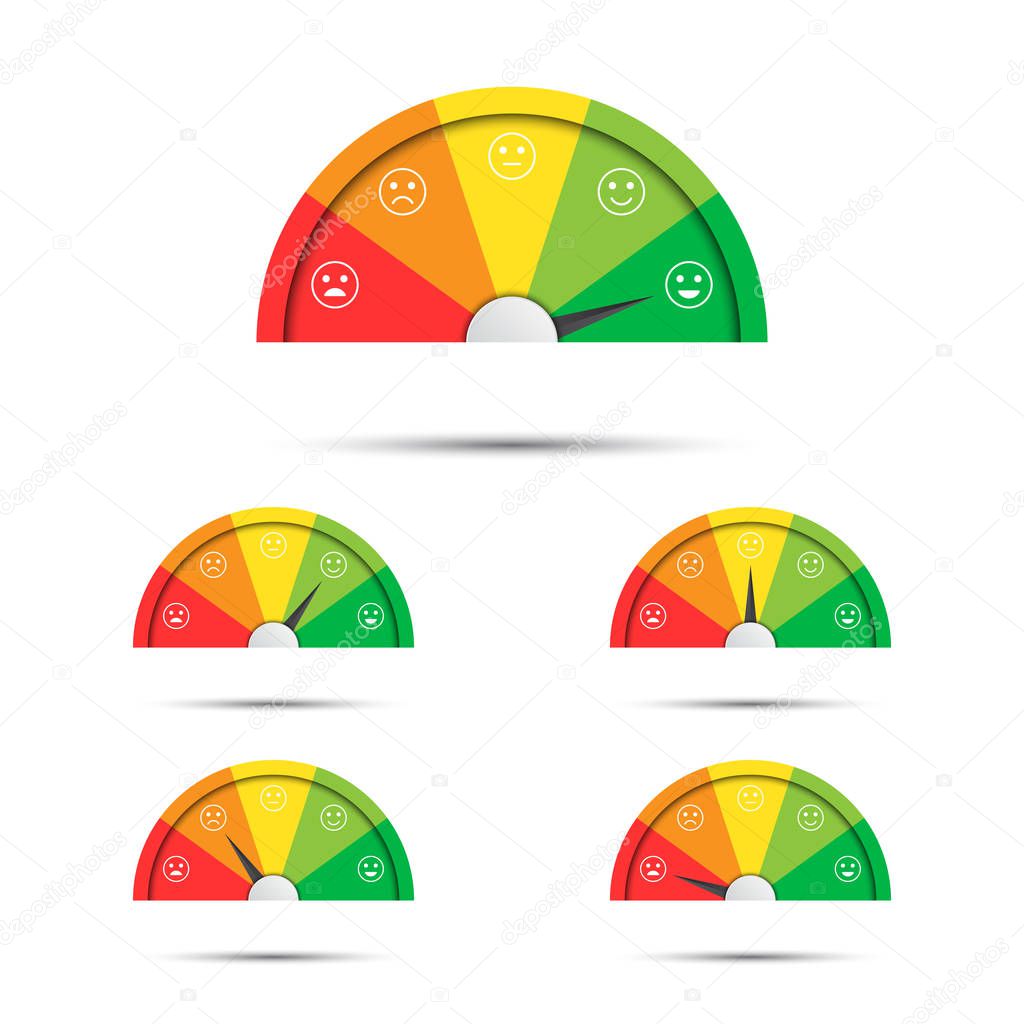 Vector illustration of rating customer satisfaction meter, different colors from red to green with colored smiles, simple tachometers, speedometers and indicators with emoticons isolated on white background