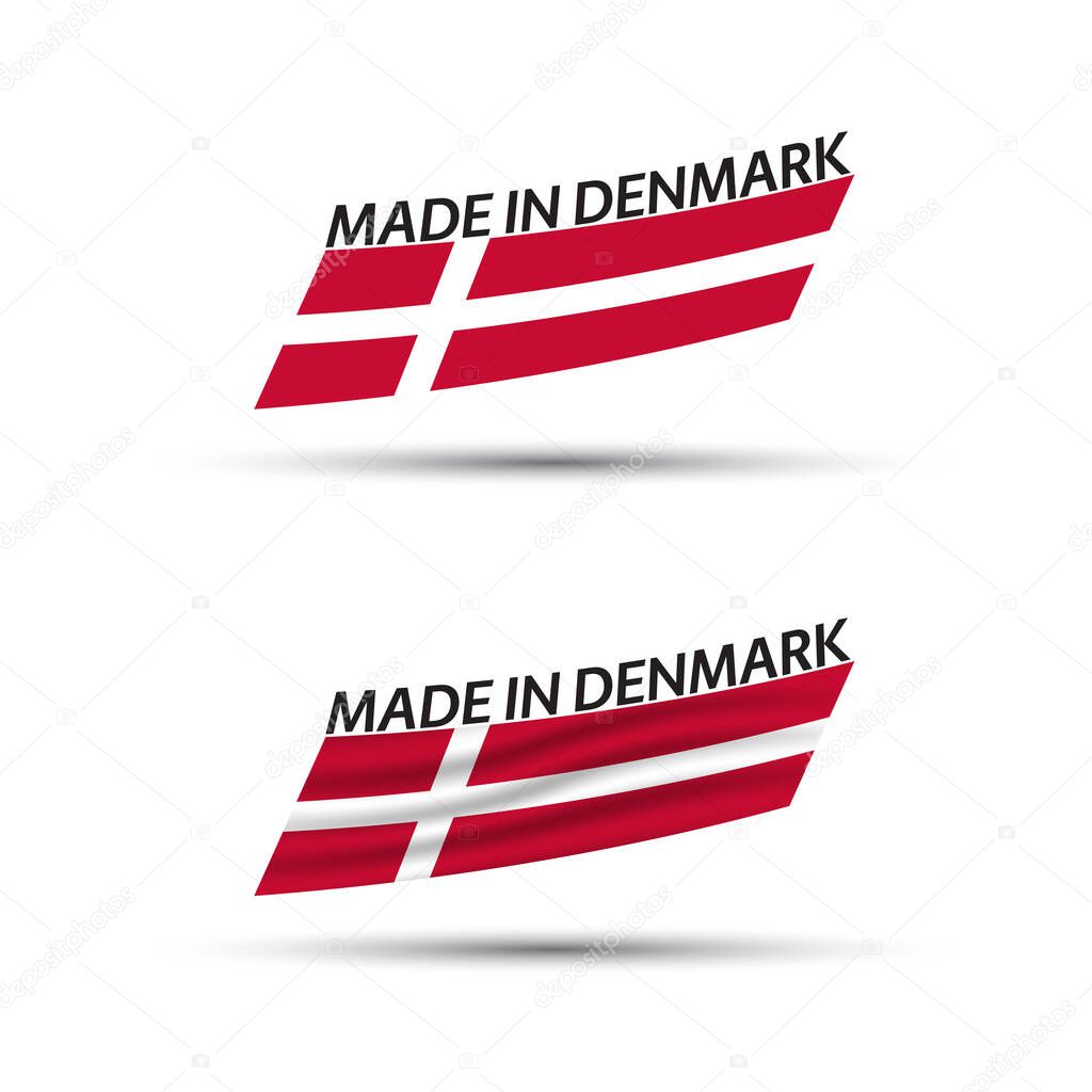 Two modern colored vector Danish flags isolated on white background, flags of Denmark, Danish ribbons, Made in Denmark