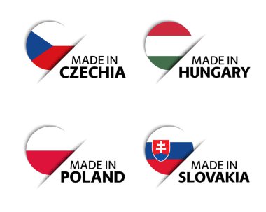 Dört tane Çek, Macar, Polonya ve Slovak çıkartması. Çek Cumhuriyeti malı, Macaristan malı, Polonya malı ve Slovakya malı. Beyaz arkaplanda izole edilmiş bayraklı basit simgeler