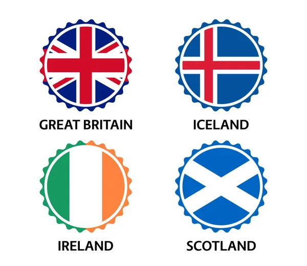 Set Quattro Adesivi Inglesi Islandesi Irlandesi Scozzesi Made Britain Made — Vettoriale Stock