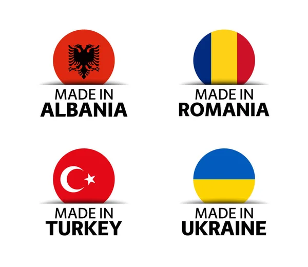Conjunto Quatro Adesivos Albanês Romeno Turco Ucraniano Made Albania Made — Vetor de Stock