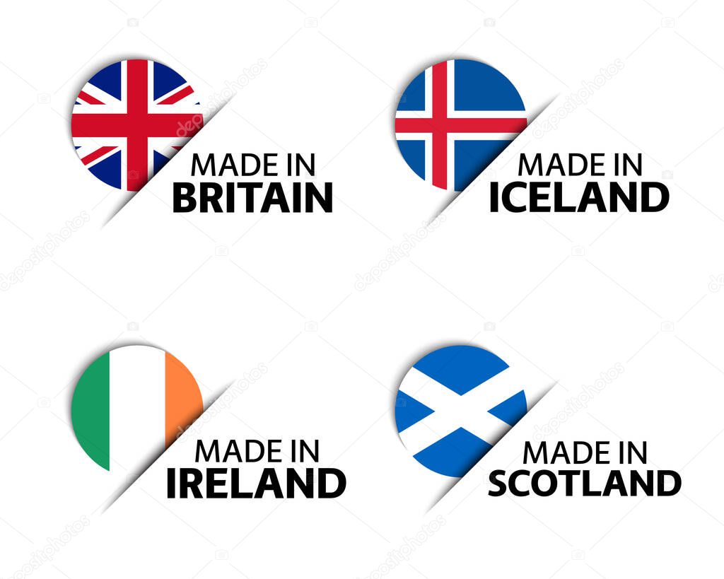 Set of four British, Icelandic, Irish and Scottish stickers. Made in Britain, Made in Iceland, Made in Ireland and Made in Scotland. Simple icons with flags isolated on a white background