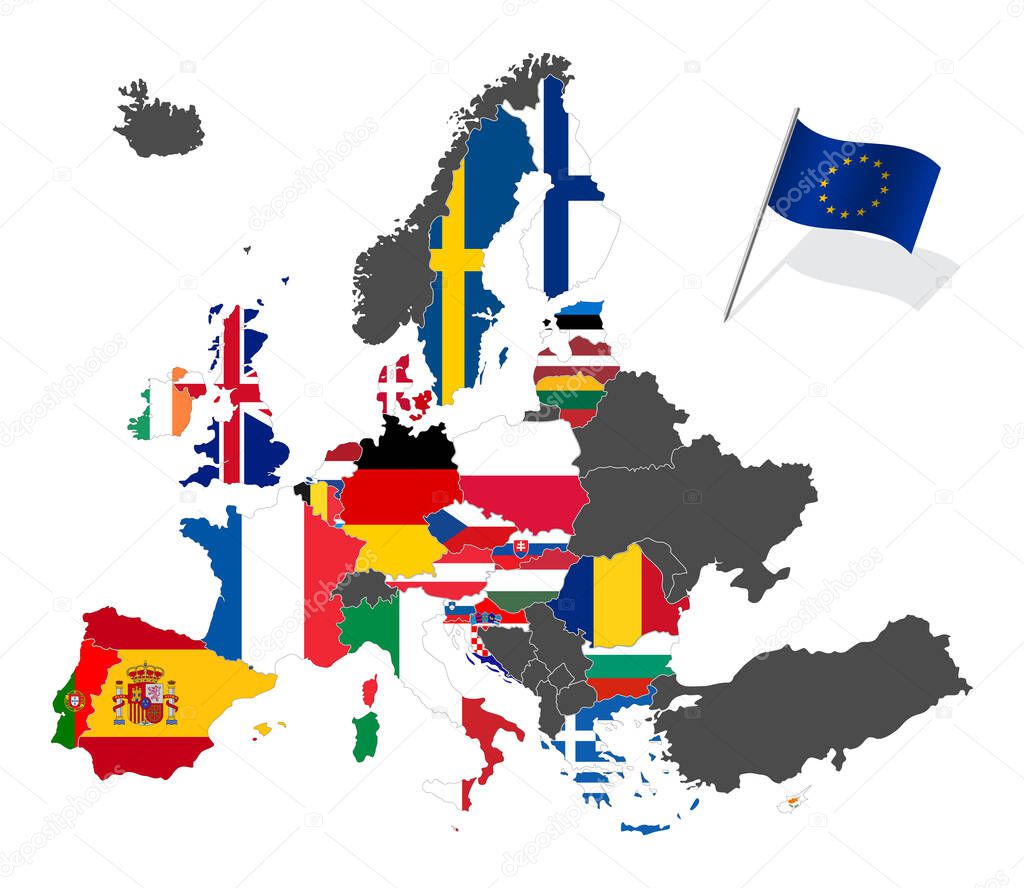 Map of Europe with the European Union member states flags before Brexit. Vector illustration isolated on white background