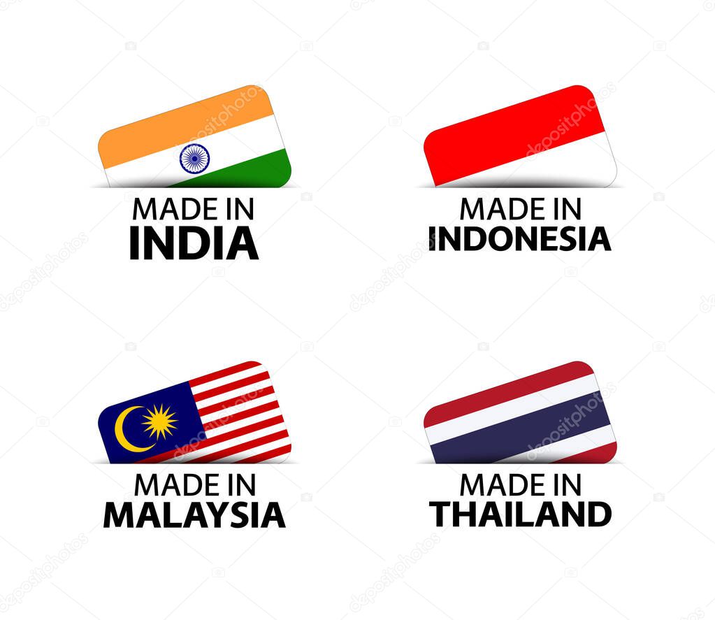 Set of four Indian, Indonesian, Malaysian and Thai stickers. Made in India, Made in Indonesia, Made in Malaysia and Made in Thailand. Simple flags isolated on a white background