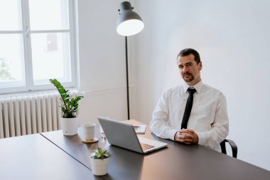 dizüstü bilgisayar kullanarak emin iş adamı 