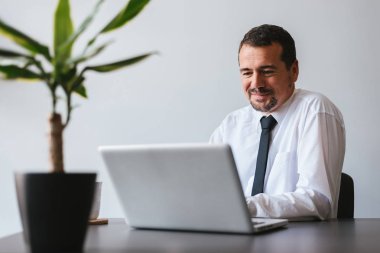 dizüstü bilgisayarda çalışan olgun iş adamı