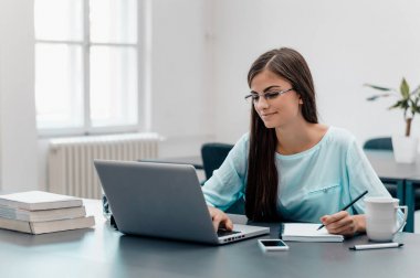 Dizüstü bilgisayar ile gülümseyen iş kadını portresi 