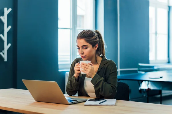 Preciosa mujer trabajando con un portátil — Foto de Stock