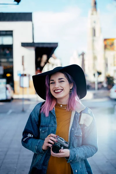 Cute Female Photographer Denim Jacket Standing Street Holding Camera — Stock Photo, Image