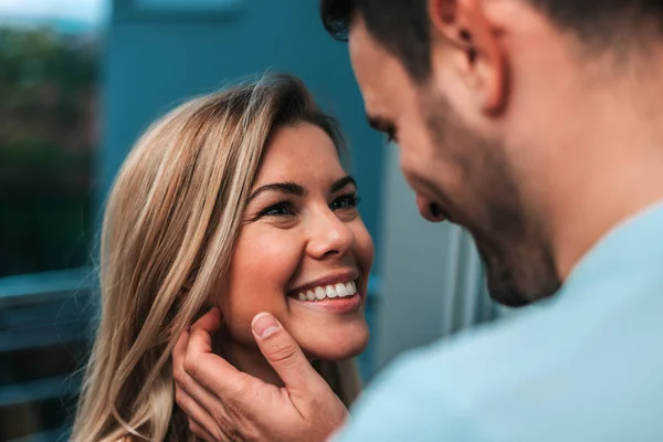 Close Image Smiling Young Woman Looking Her Boyfriend Husband — Stock Photo, Image