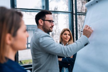 Grup proje Office beyaz tahta üzerinde tartışırken iş adamları