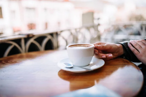 Woman Enjoying Cup Coffee Balcony — Stock Photo, Image