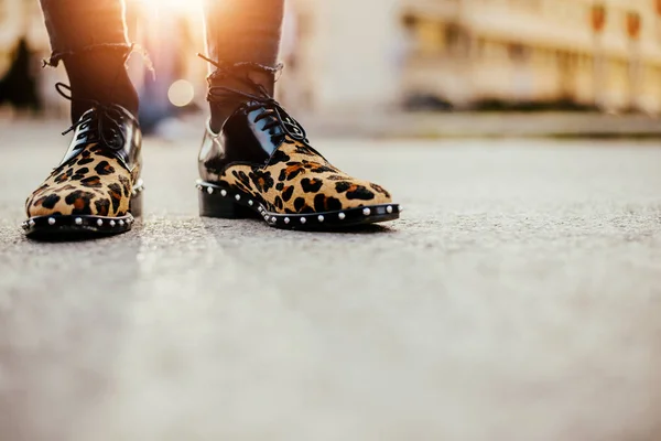 Sección Baja Mujer Con Estilo Zapatos Impresión Leopardo Calle Ciudad — Foto de Stock