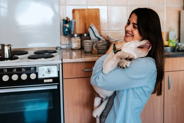 Young Brunette Woman Playing Dog Home — Stock Photo, Image