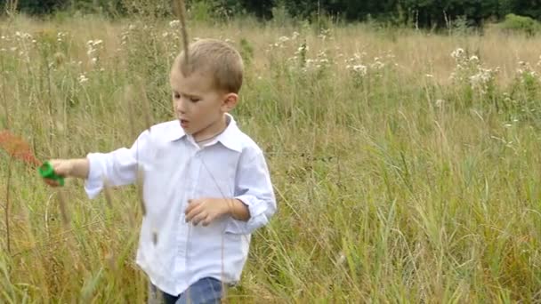 Un ragazzo sta giocando con una spada giocattolo . — Video Stock