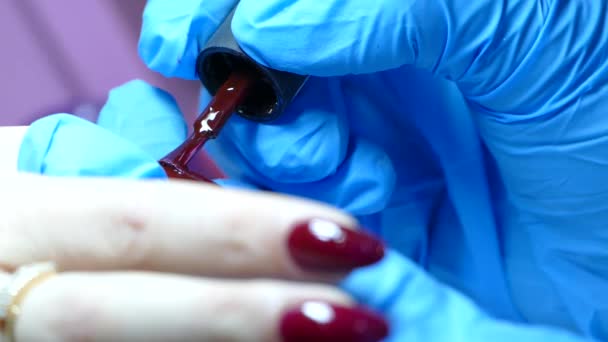 Master Does Manicure Woman Salon Red Nail Polish — Stock Video