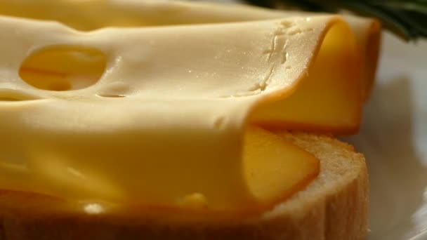 Käse Mit Rosmarin Auf Einem Teller Käse Mit Löchern Auf — Stockvideo