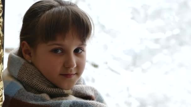 Ένα κορίτσι σε ένα καρό κοντά στο παράθυρο για το χειμώνα. Όμορφο κορίτσι που χαμογελά. Έξω από το παράθυρο είναι χειμώνας και δέντρα στο χιόνι. — Αρχείο Βίντεο