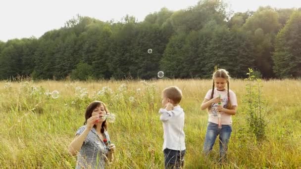 Ευτυχισμένη Οικογένεια Παίζει Στη Φύση Μαμά Και Παιδιά Φυσώντας Φυσαλίδες — Αρχείο Βίντεο
