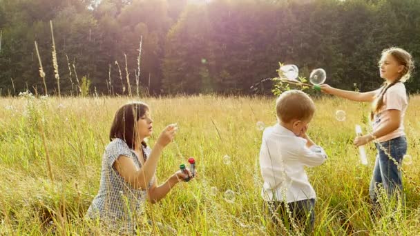 自然で遊ぶ幸せな家族 ママと子供たちは 泡を吹いています 少女と少年は 彼女の母親と遊んでいます 家族とキャンプ 森の近くの空き地 太陽が輝いていると雨が降っています — ストック動画