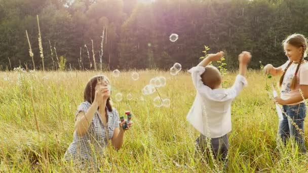 Glückliche Familie Spielt Der Natur Mutter Und Kinder Pusten Blasen — Stockvideo