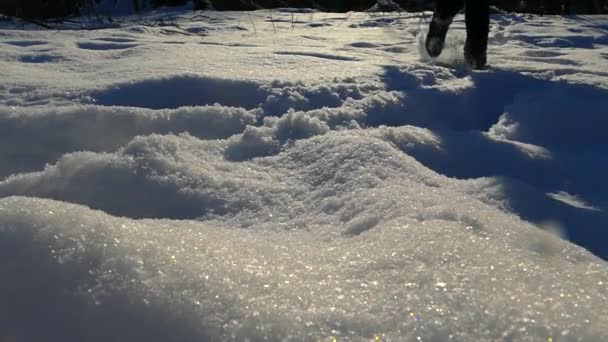 Sníh Pomalu Rozptyluje Bot Běžící Muž Zasněžená Zima — Stock video