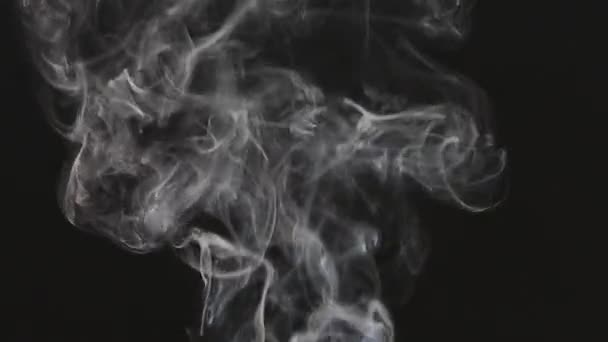 Mooie grijze rook op een zwarte achtergrond. Sigarettenrook. Roken van de waterpijp. Turbulentie van rook. De witte damp stijgt. De rook vliegt langzaam. — Stockvideo