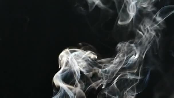 Un hermoso humo gris vuela lentamente en la habitación. Humo de cigarrillo sobre fondo negro. El vapor se levanta. Niebla texturizada . — Vídeos de Stock