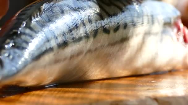 切割板上的雌性手切割鱼 用鲭鱼做晚饭 樱桃番茄 青菜和柠檬放在木制桌子上 — 图库视频影像